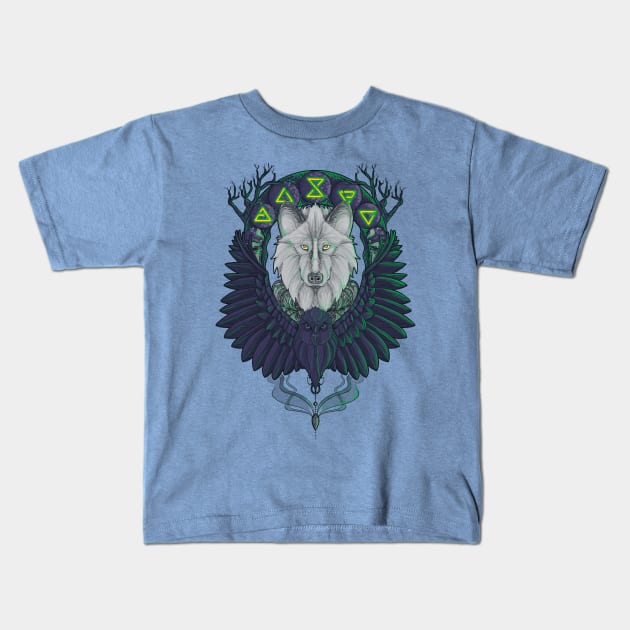 The raven and the wolf Kids T-Shirt by MareveDesign